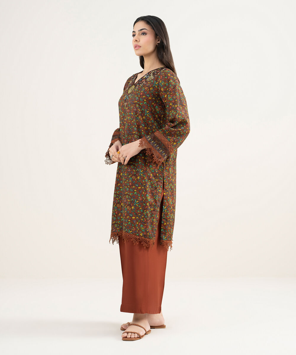 Women's RTW Arabic Cambric Embroidered Brown Straight Shirt