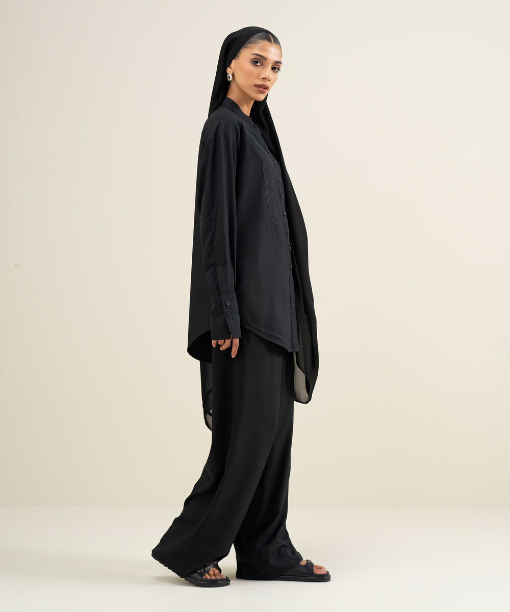 Women's Black Viscose Blend Button Down