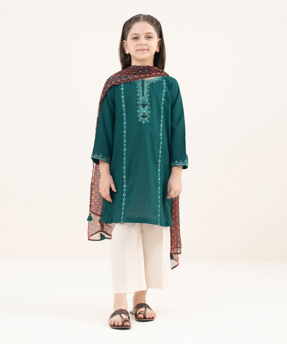 Girls Two Piece Embroidered Textured Lawn Shirt Dupatta