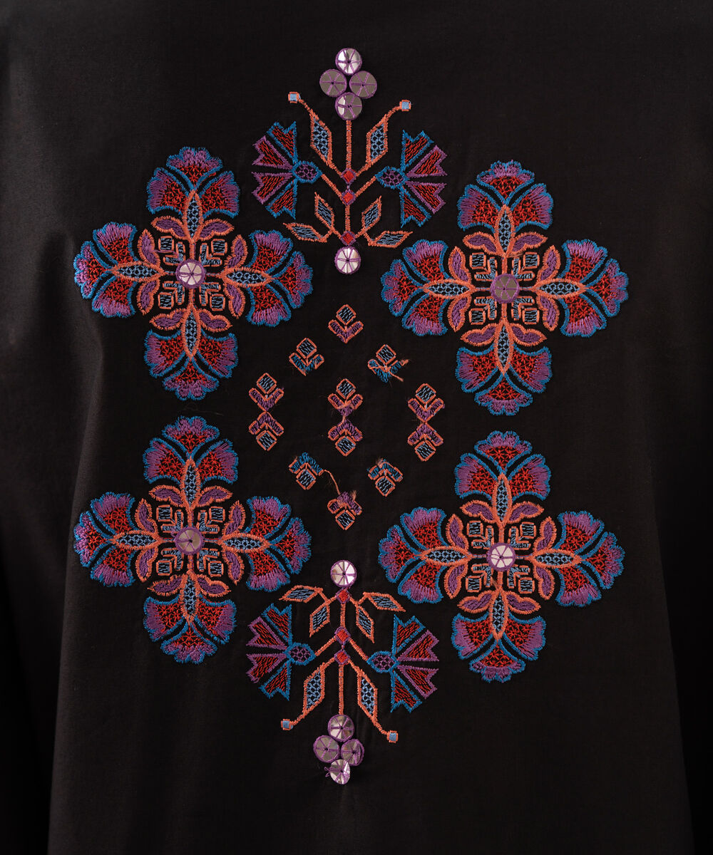 Women's Unstitched Cotton Embroidered Black 3 Piece Suit