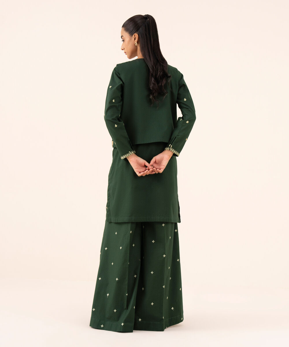 Women's RTW Textured Cotton Green Embroidered Front Open Waistcoat