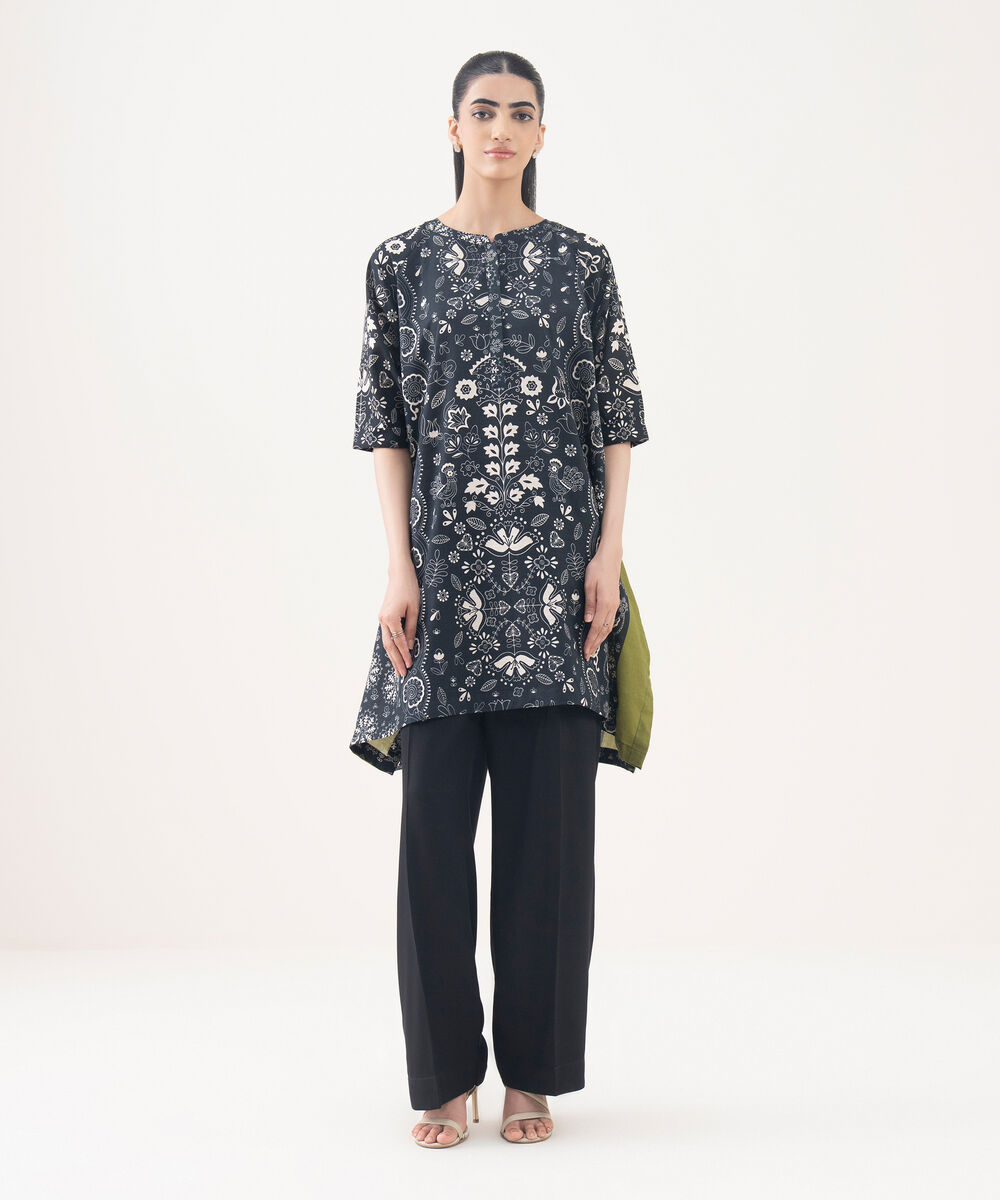 Women's RTW Light Khaddar Black Printed Drop Shoulder Shirt