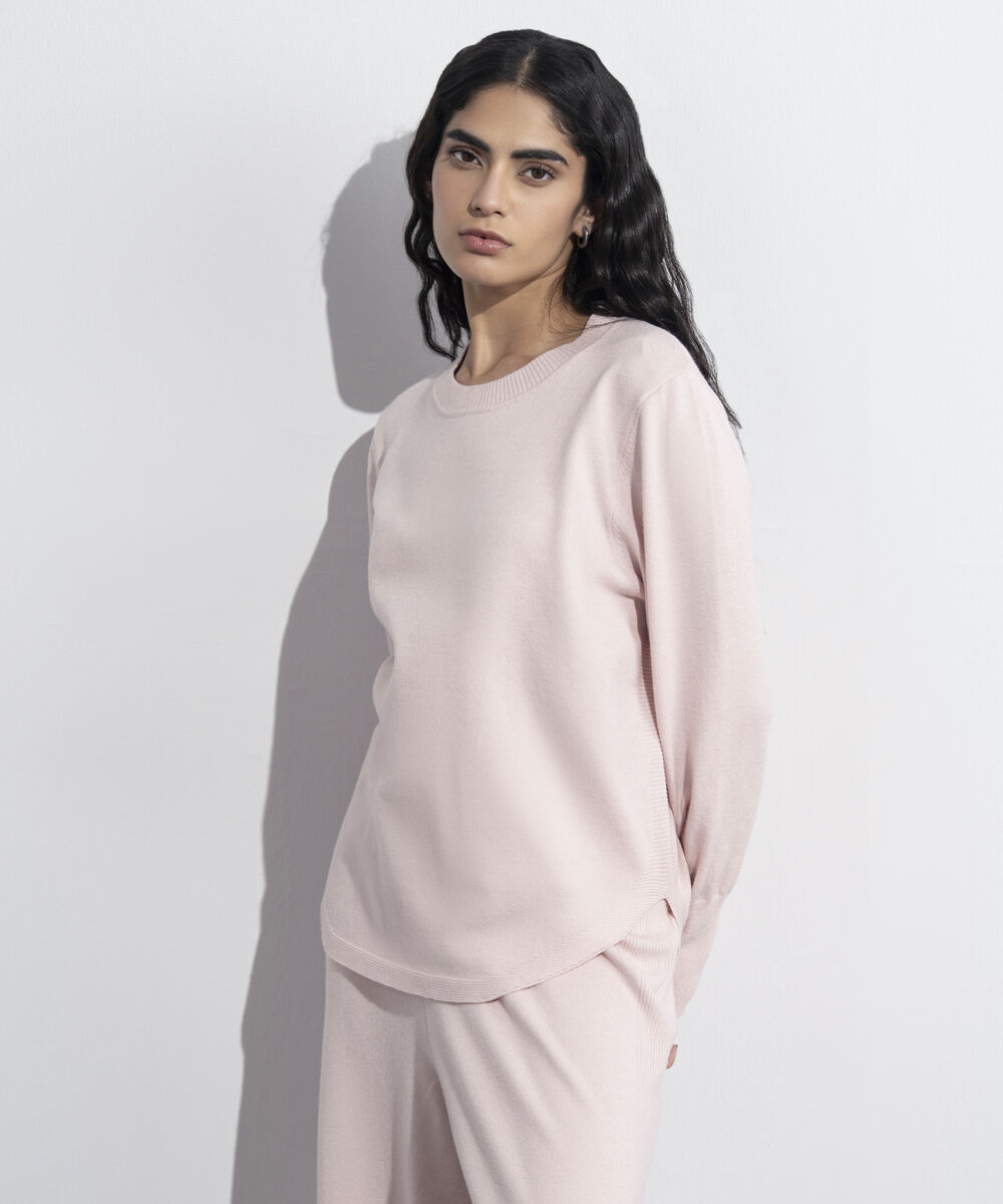 Women's Western Wear Powder Pink Knit Sweater With Round Hem