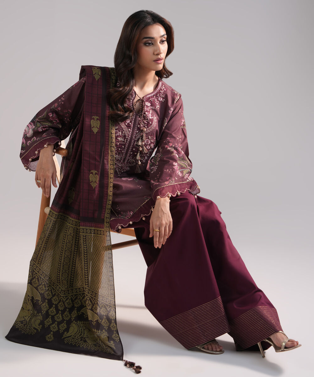 Women's RTW Zari Lawn Embroidered Plum 3 Piece Suit