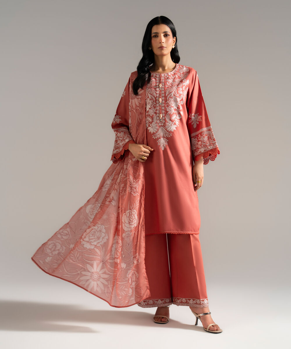Women's RTW Dobby Crepe Embroidered Pink 3 Piece Suit