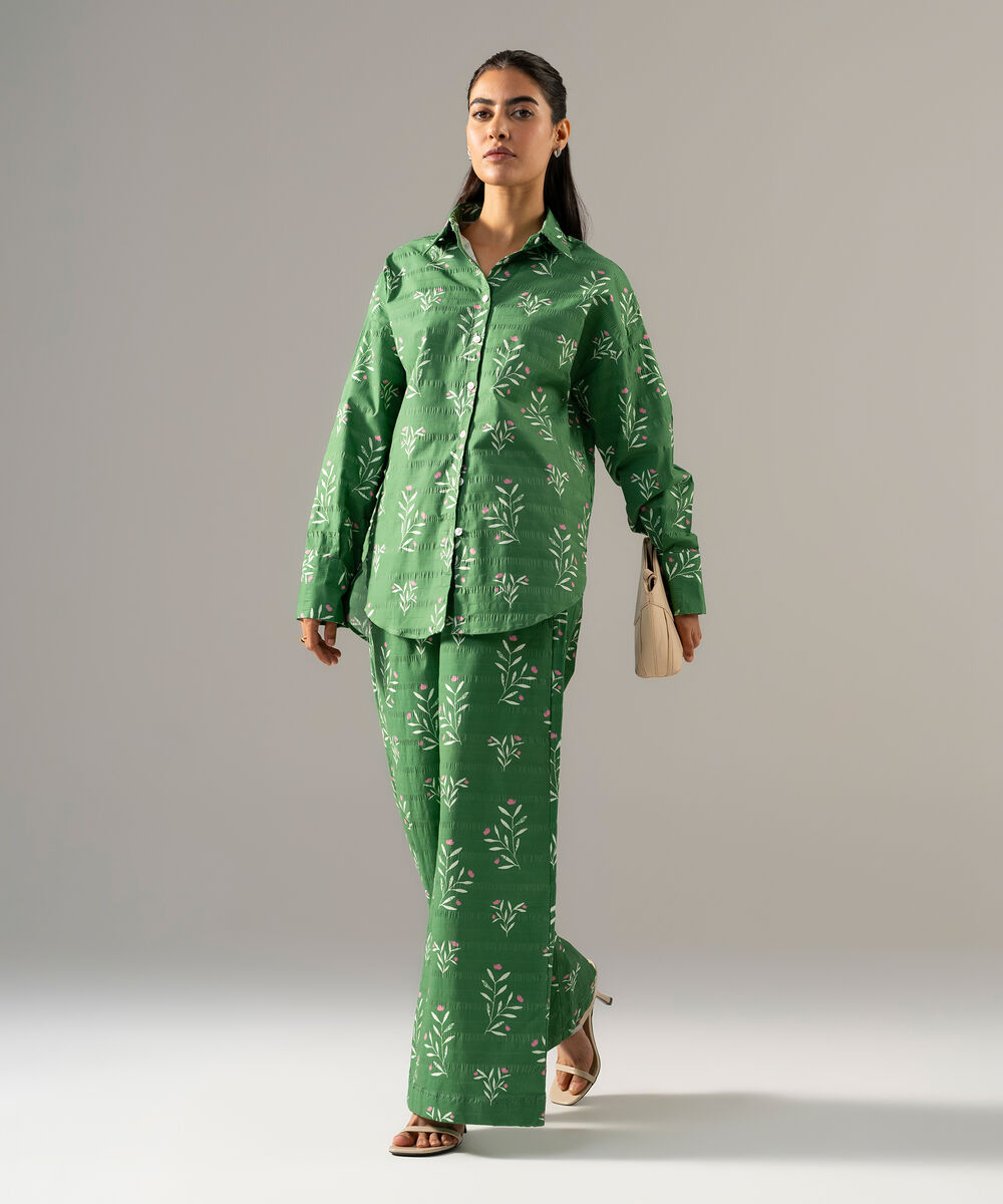 Women's RTW Seersucker Printed Green 2 Piece Suit