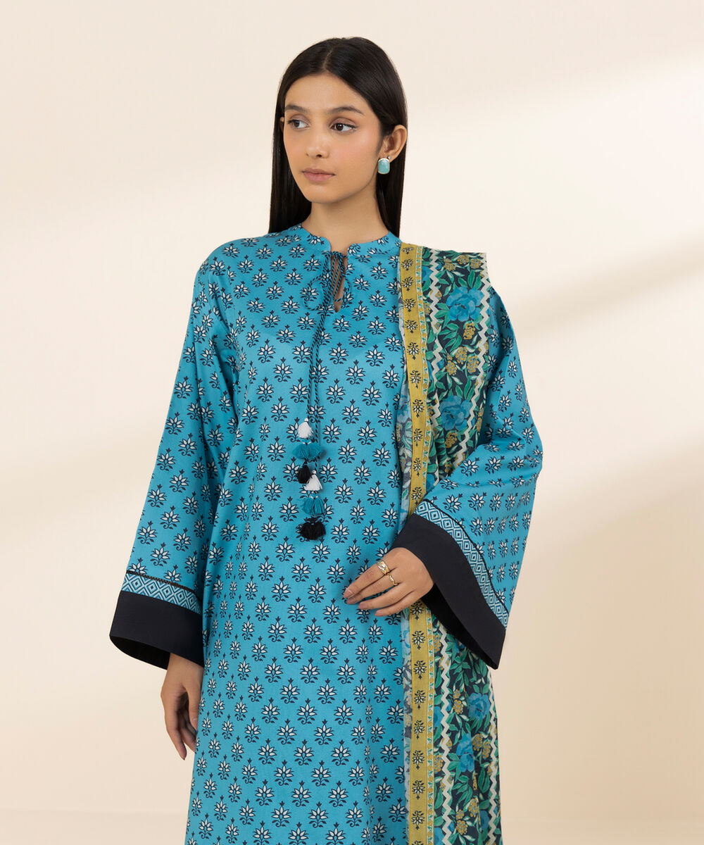 Women's Unstitched Lawn Printed Blue 3 Piece Suit