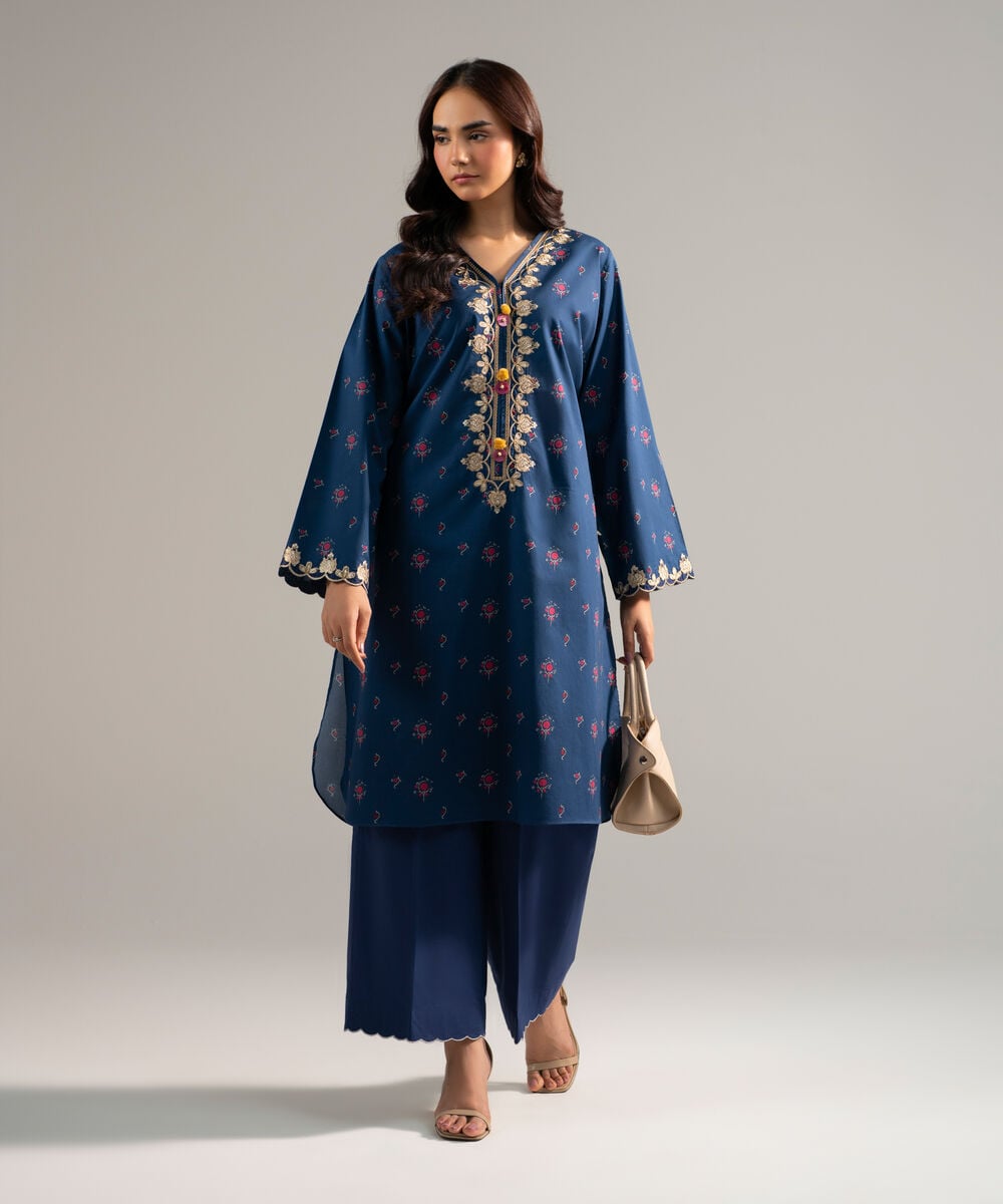 Women's RTW Lawn Embroidered Dark Blue A-Line Shirt