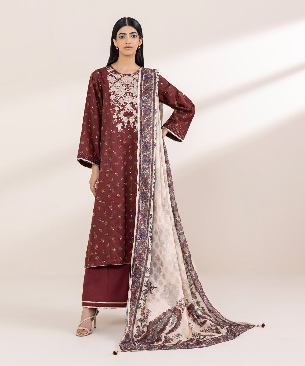 Women's RTW Cotton Satin Red Embroidered A-Line Shirt