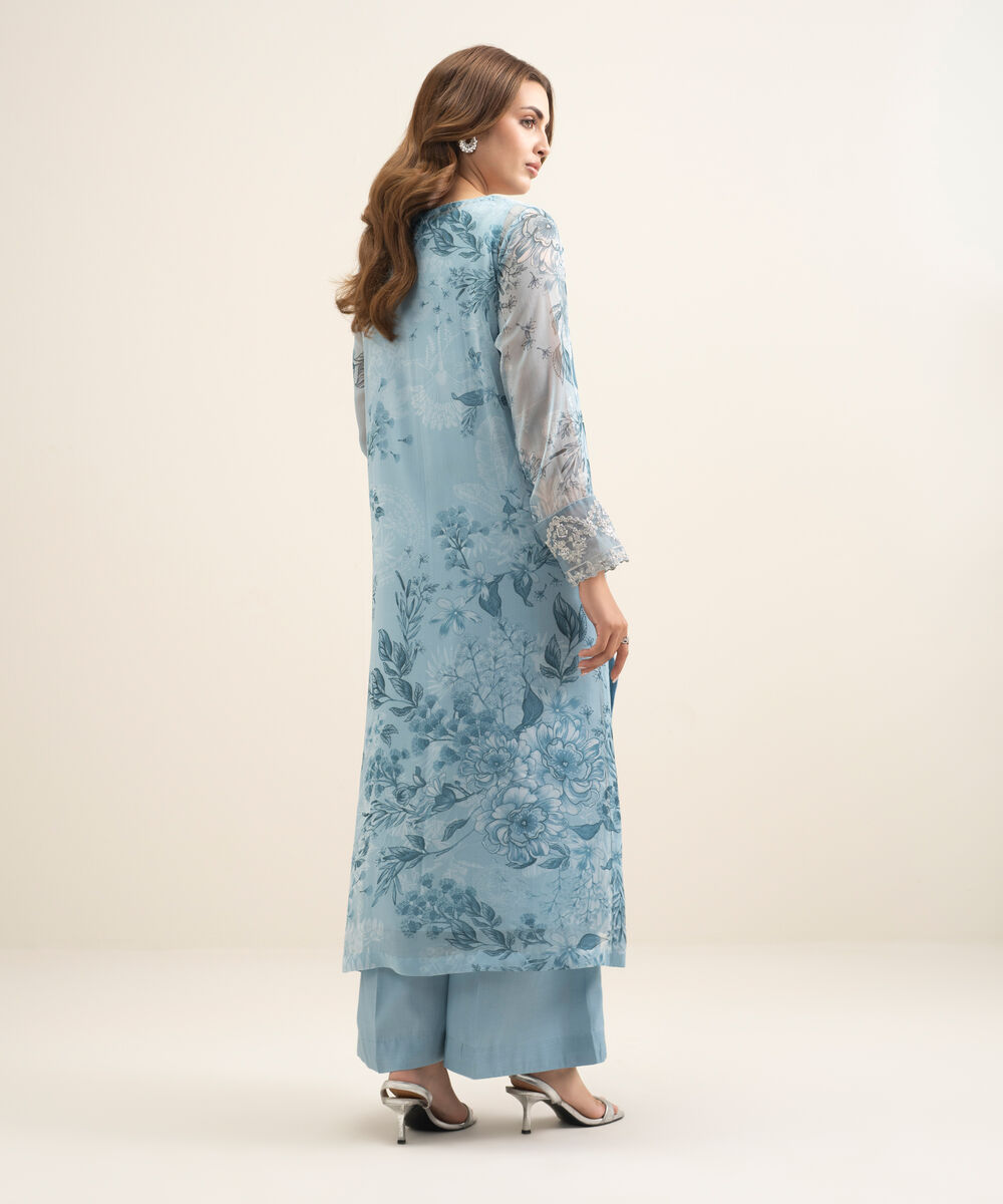 Women's RTW Blended Chiffon Embroidered Blue 2 Piece Suit