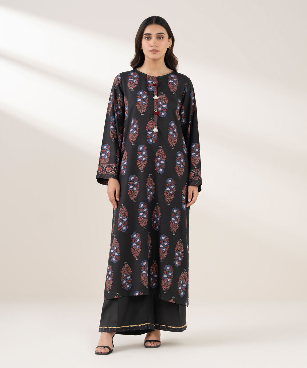 Women's RTW Viscose Linen Printed Straight Black Shirt