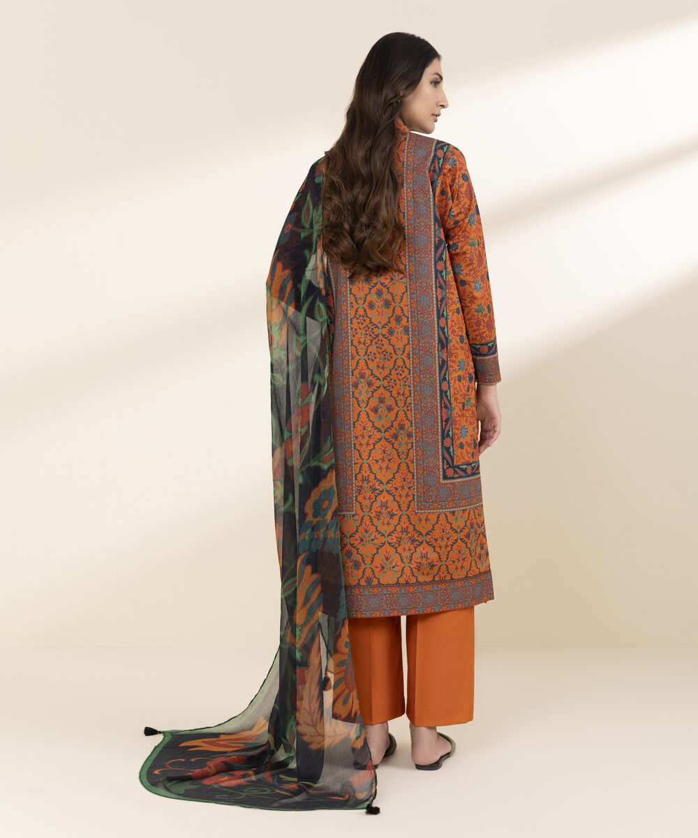 Unstitched Women's Orange Lawn 3 Piece Suit
