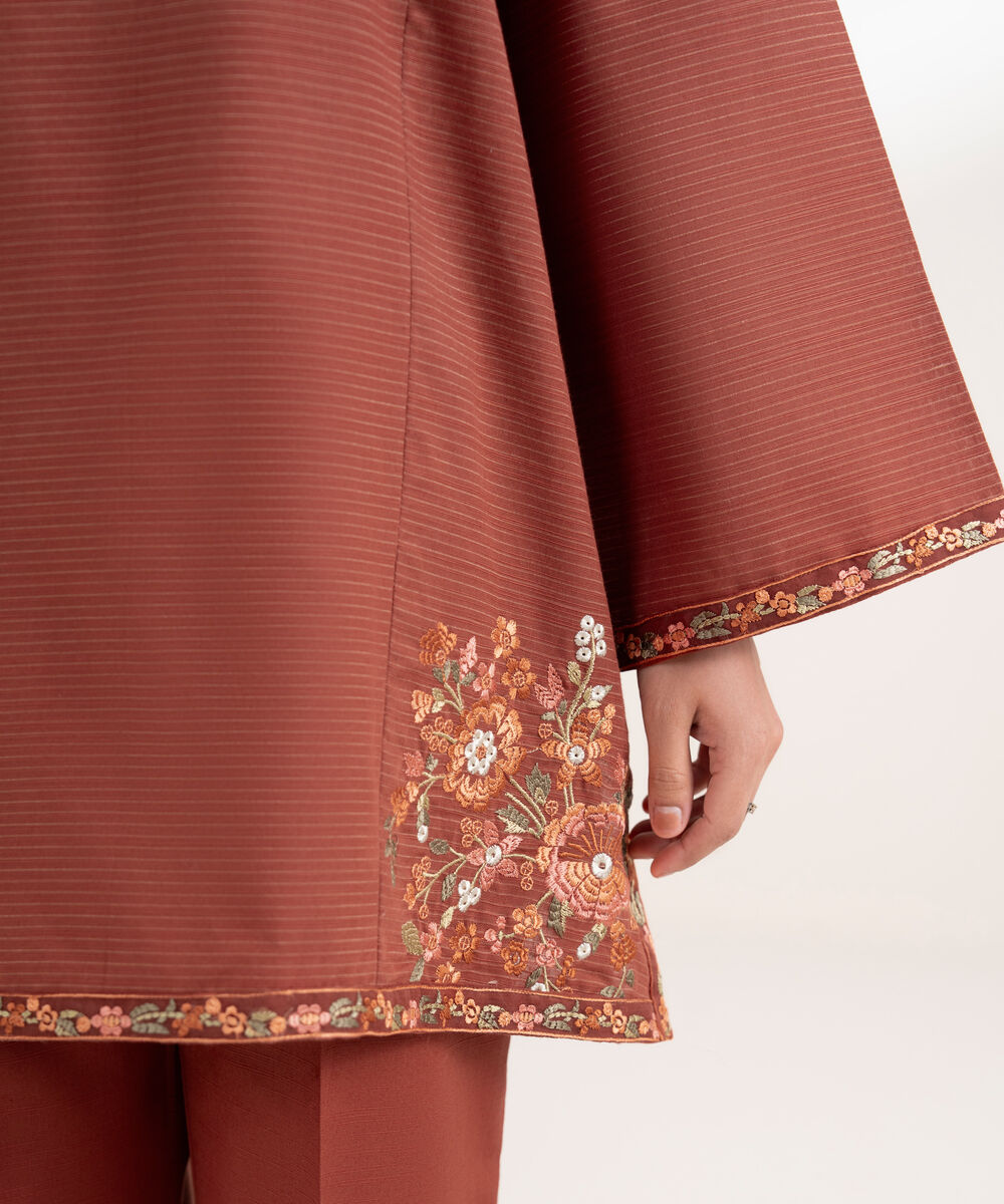 Women's RTW Light Khaddar Embroidered Rust Straight Shirt