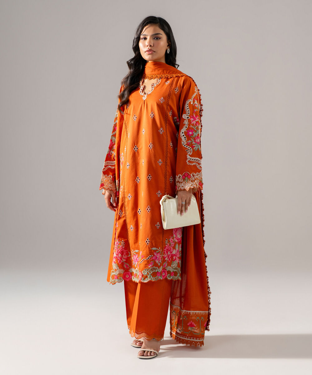 Women's RTW Dobby Embroidered Rust 3 Piece Suit