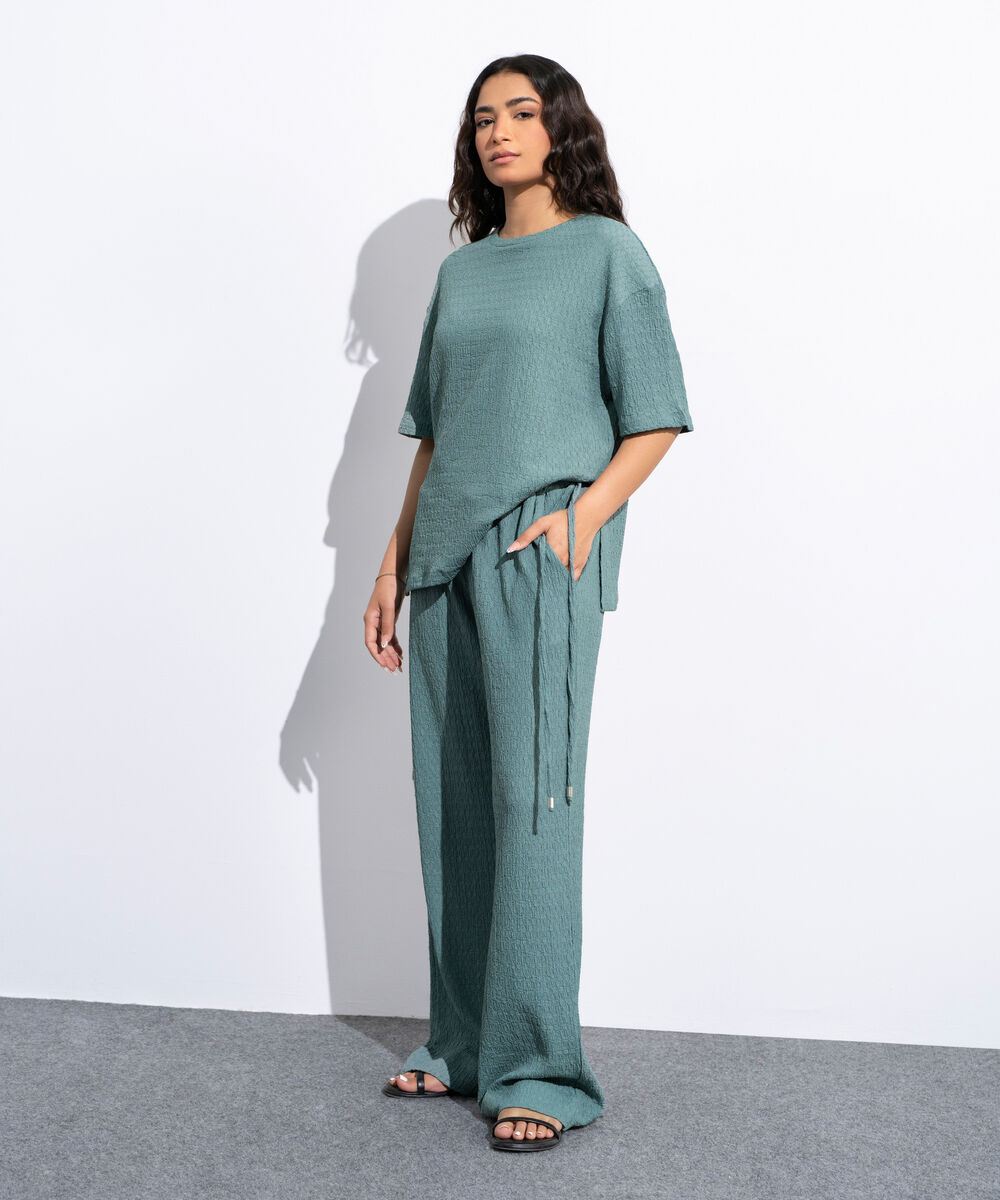 Women's Teal Green Pull-On  Textured Trousers With Tie Detail