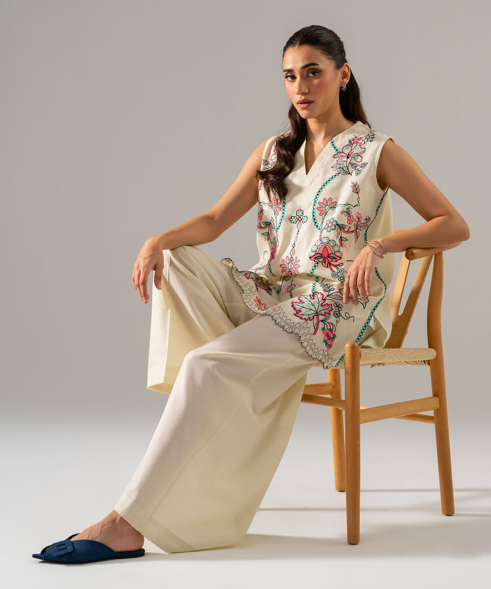 Women's RTW Dobby Solid Embroidered Off White 2 Piece Suit