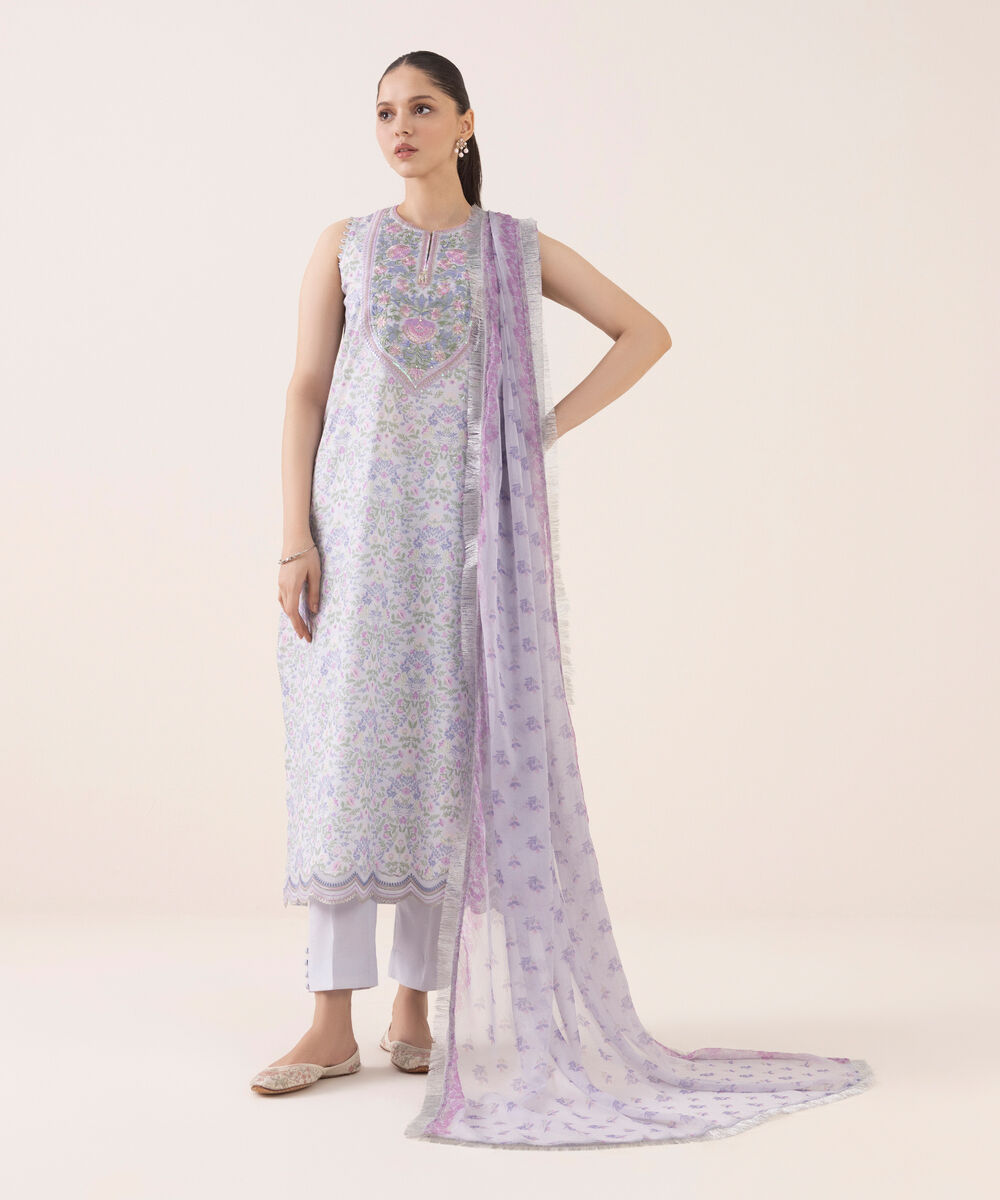 Women's Unstitched Cotton Embroidered Grey Three Piece Suit