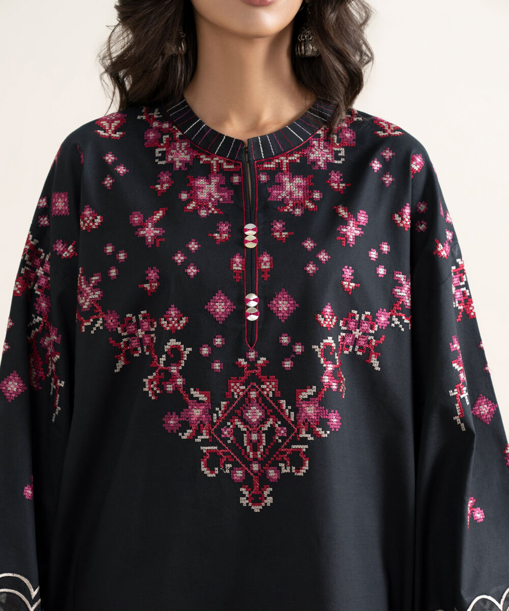 Women's Unstitched Textured Lawn Embroidered Black 3 Piece Suit