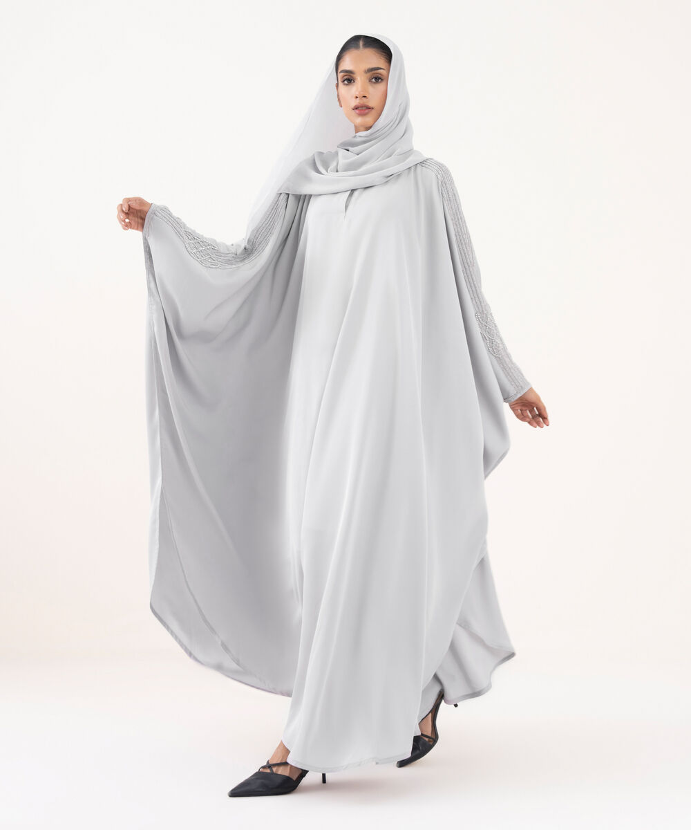 Women's Grey Polyester Abaya Set