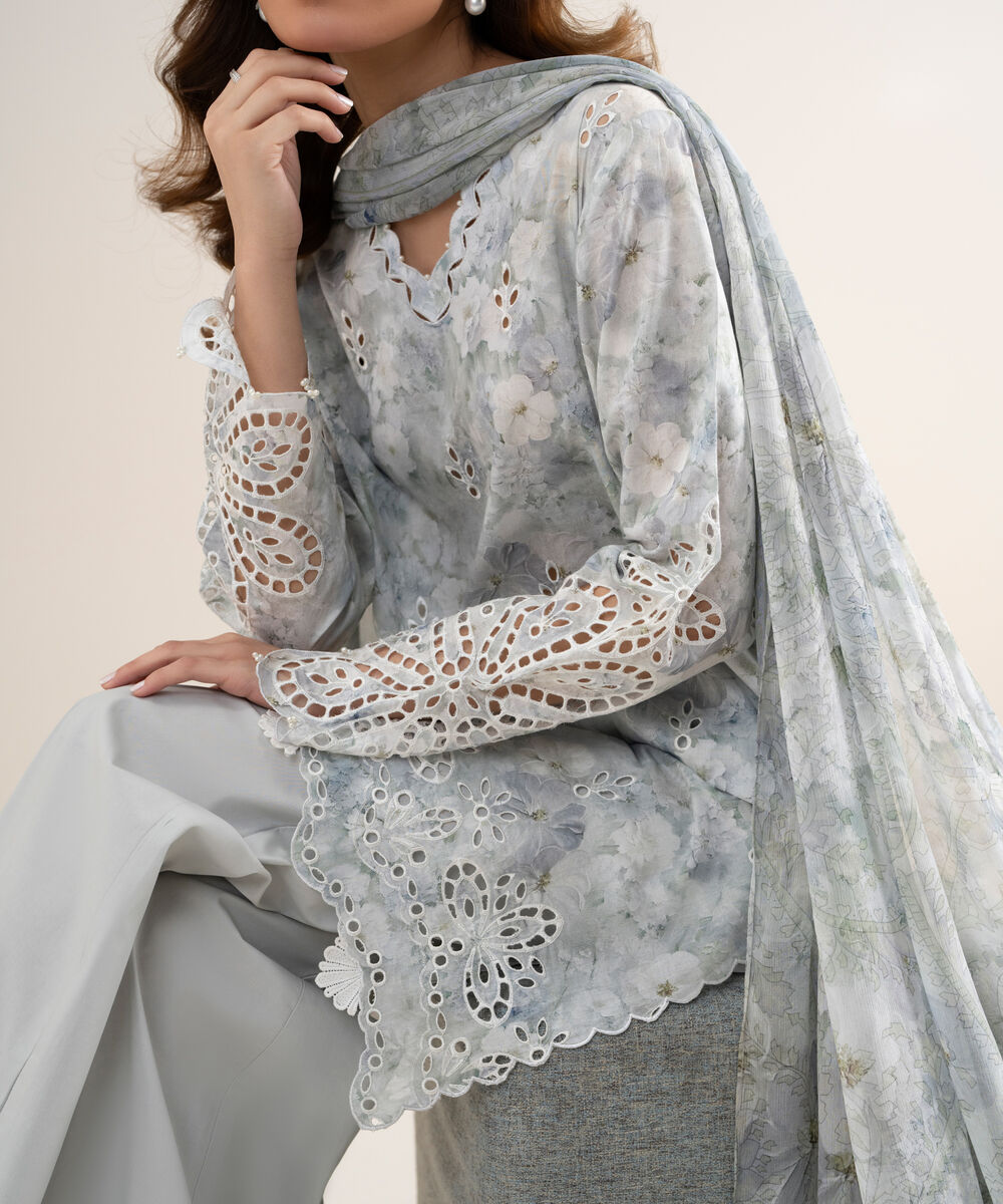 Women's Unstitched Lawn Embroidered Grey 3 Piece Suit