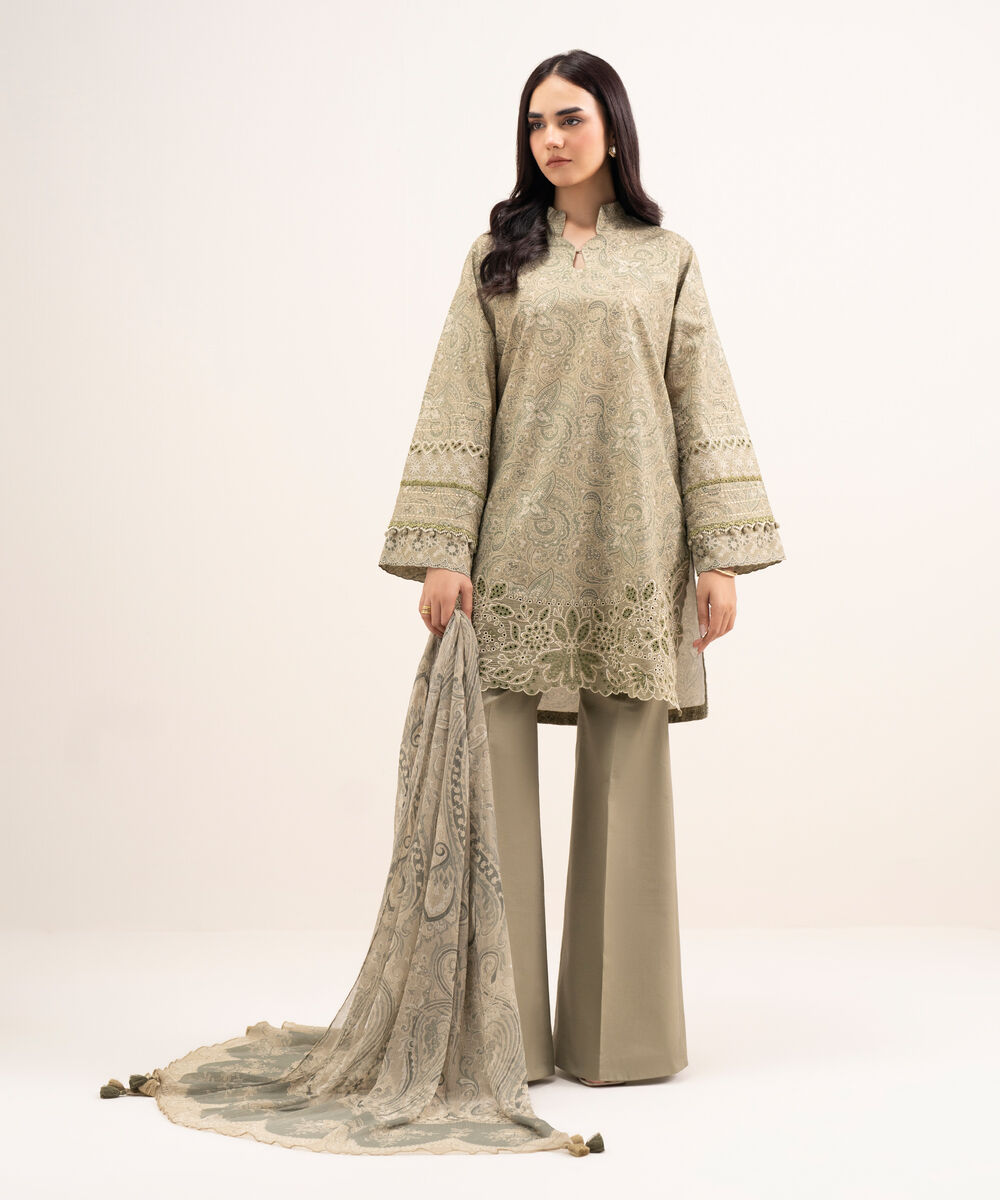 Women's Unstitched Zari Lawn Embroidered Beige 3 Piece Suit