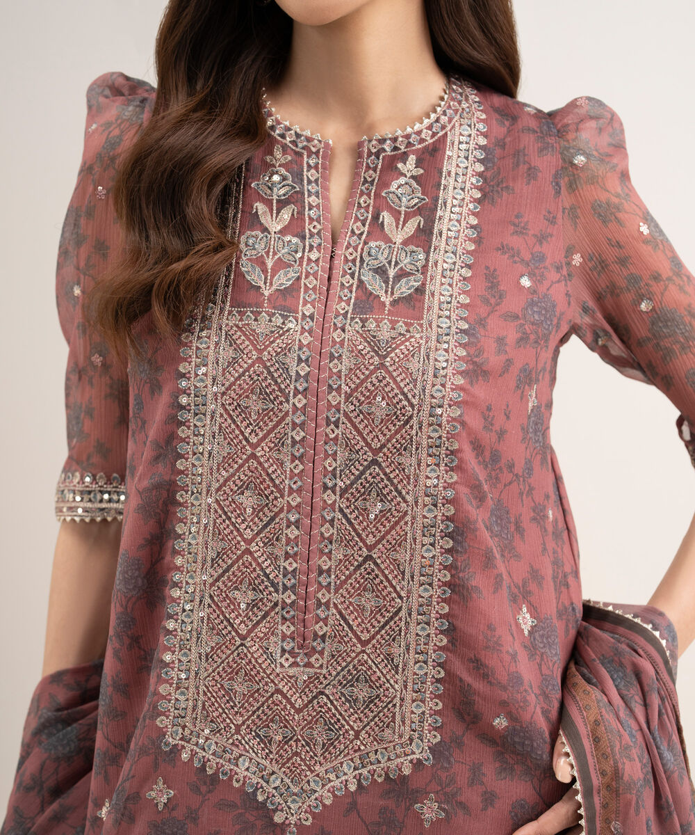 Women's Unstitched Blended Chiffon Embroidered Pink 3 Piece Suit
