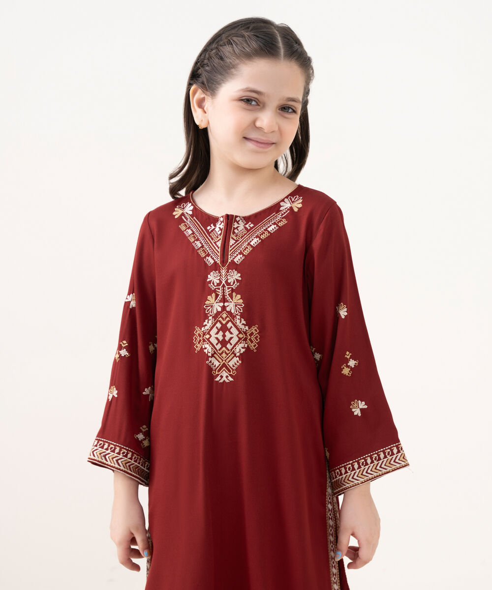 Girl's Bedford  Embroidered Maroon 2 Piece Suit