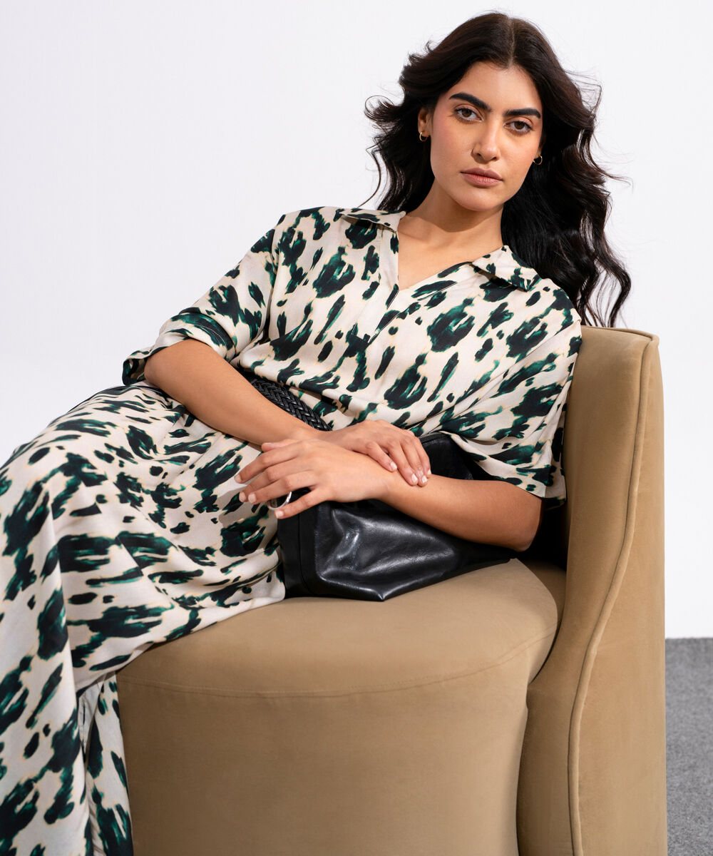 Women's Multicoloured Printed Kimono Dress With Leather Belt