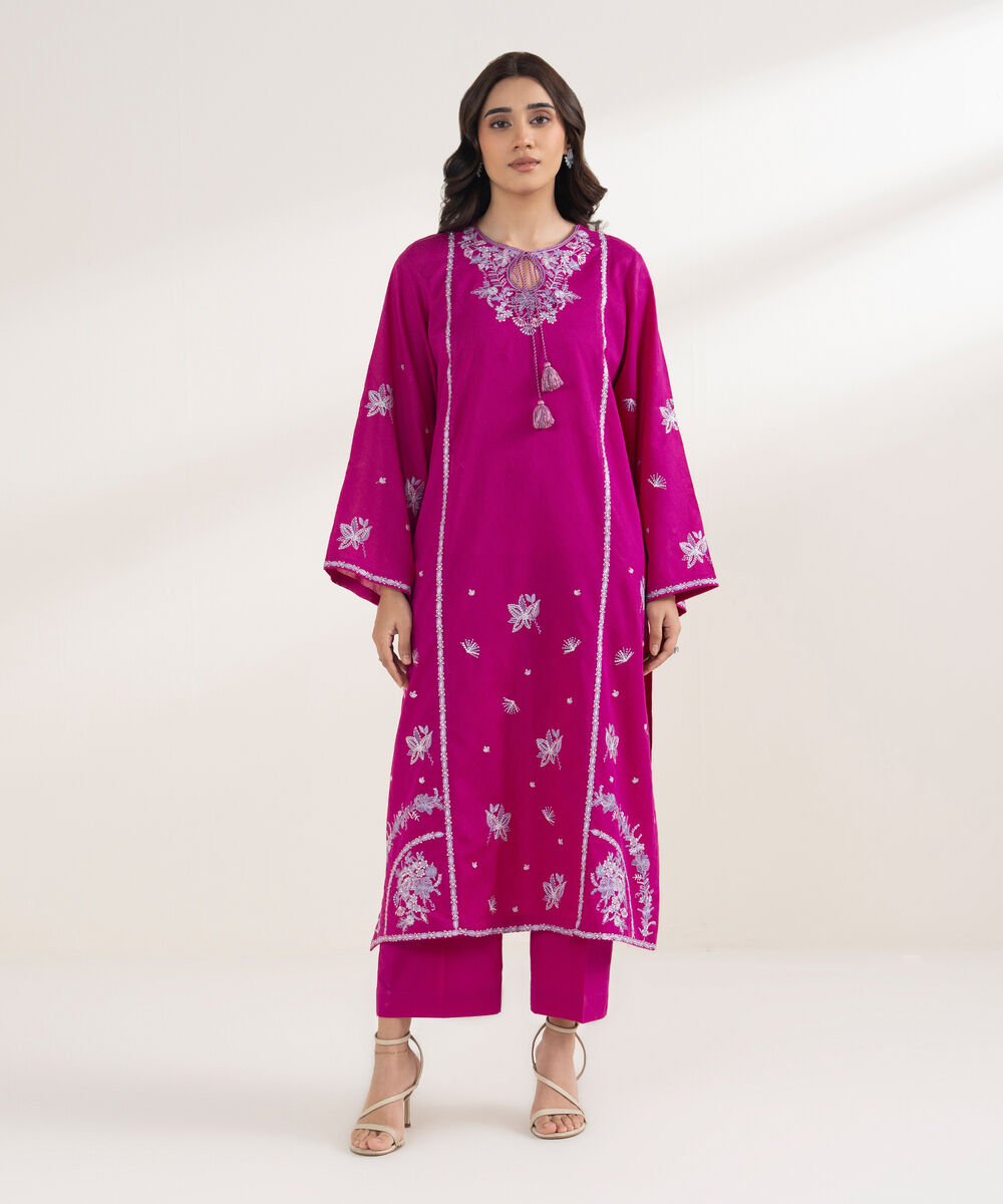 Women's RTW Self Jacquard Embroidered A-Line Pink Shirt