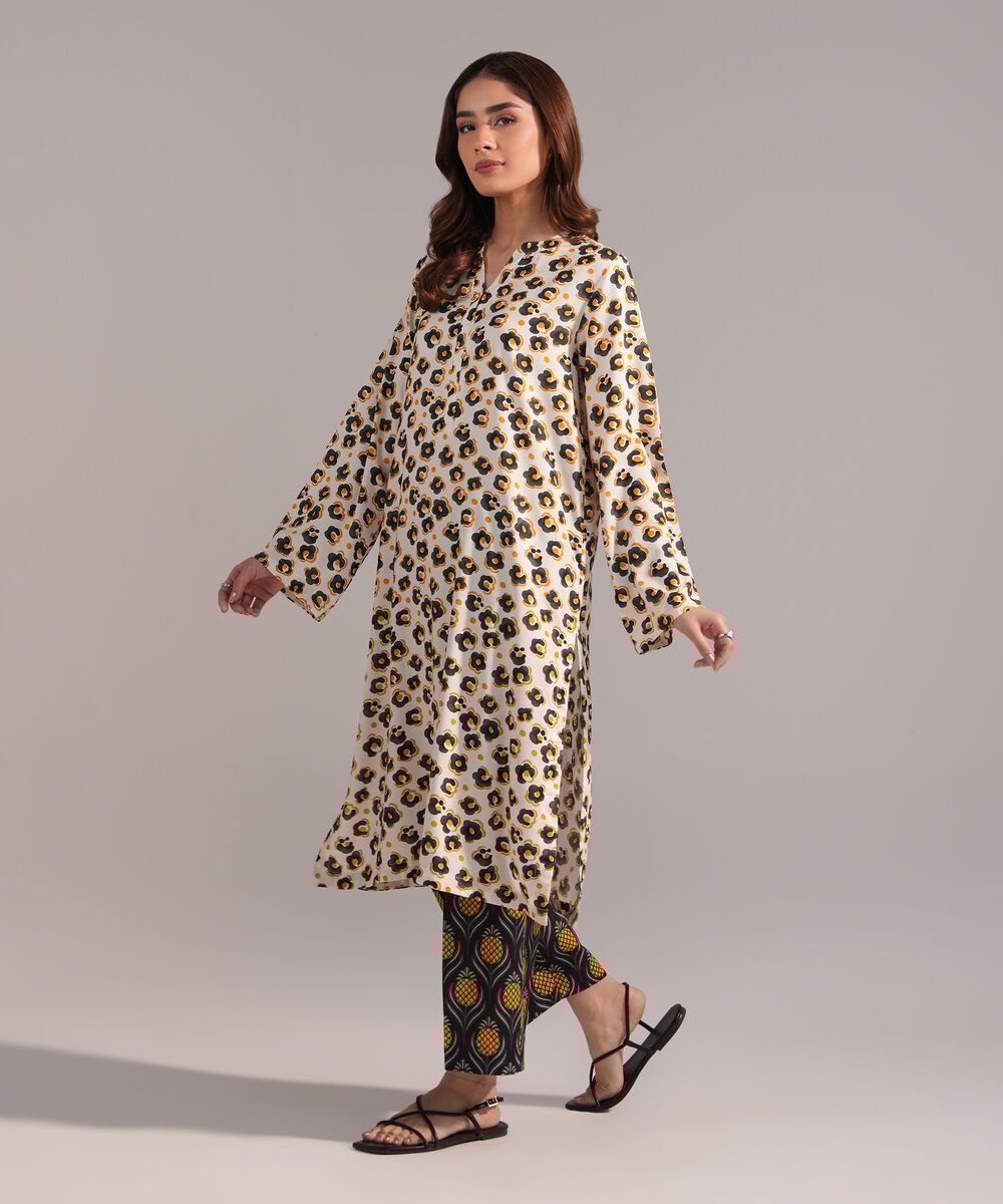 Women's RTW Arabic Lawn Printed Off White Straight Shirt