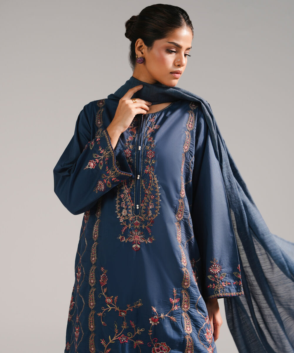 Women's RTW Lawn Embroidered Dark Blue 3 Piece Suit