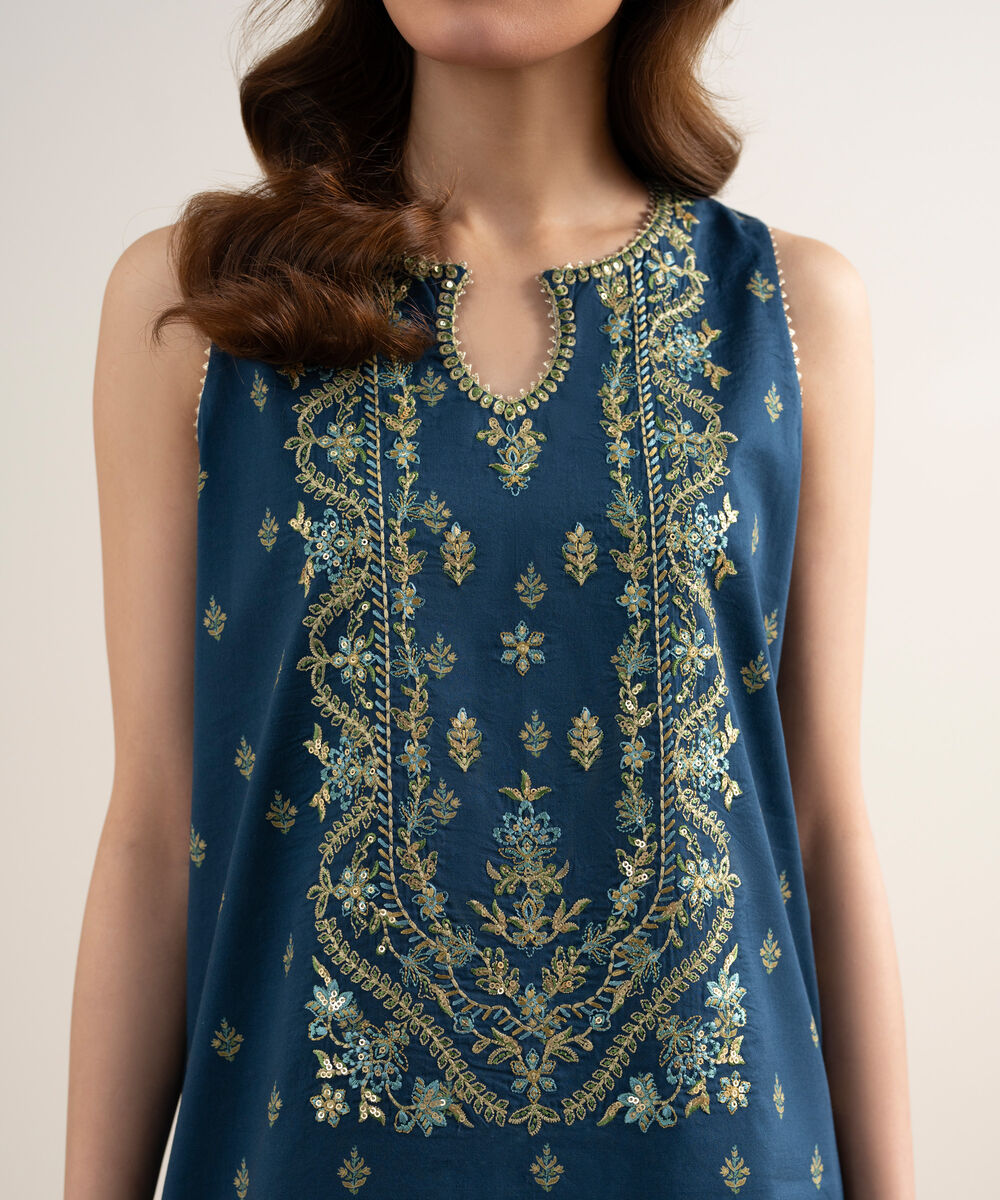 Women's Unstitched Lawn Embroidered Blue 3 Piece Suit