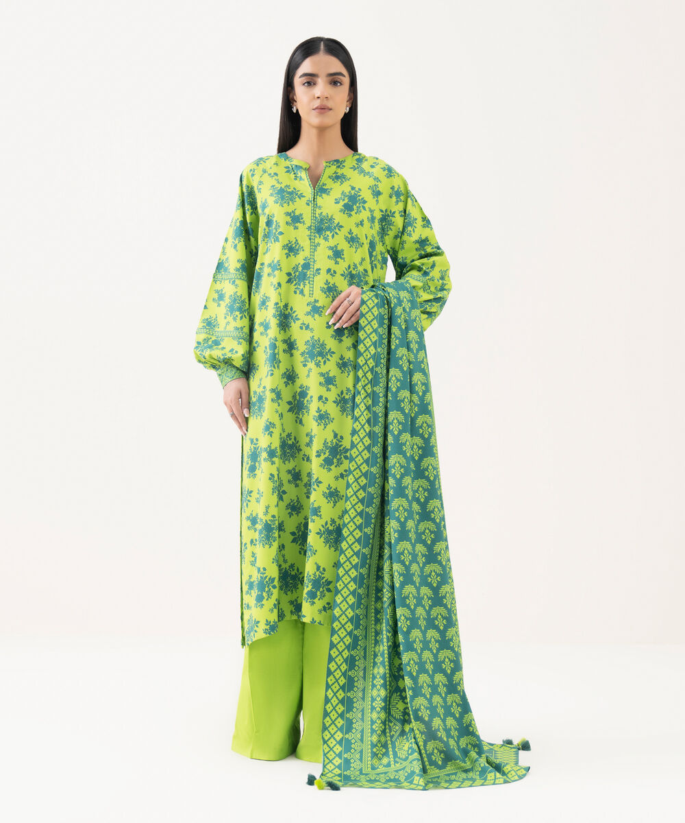 Women's Unstitched Linen Embroidered Green 3 Piece Suit