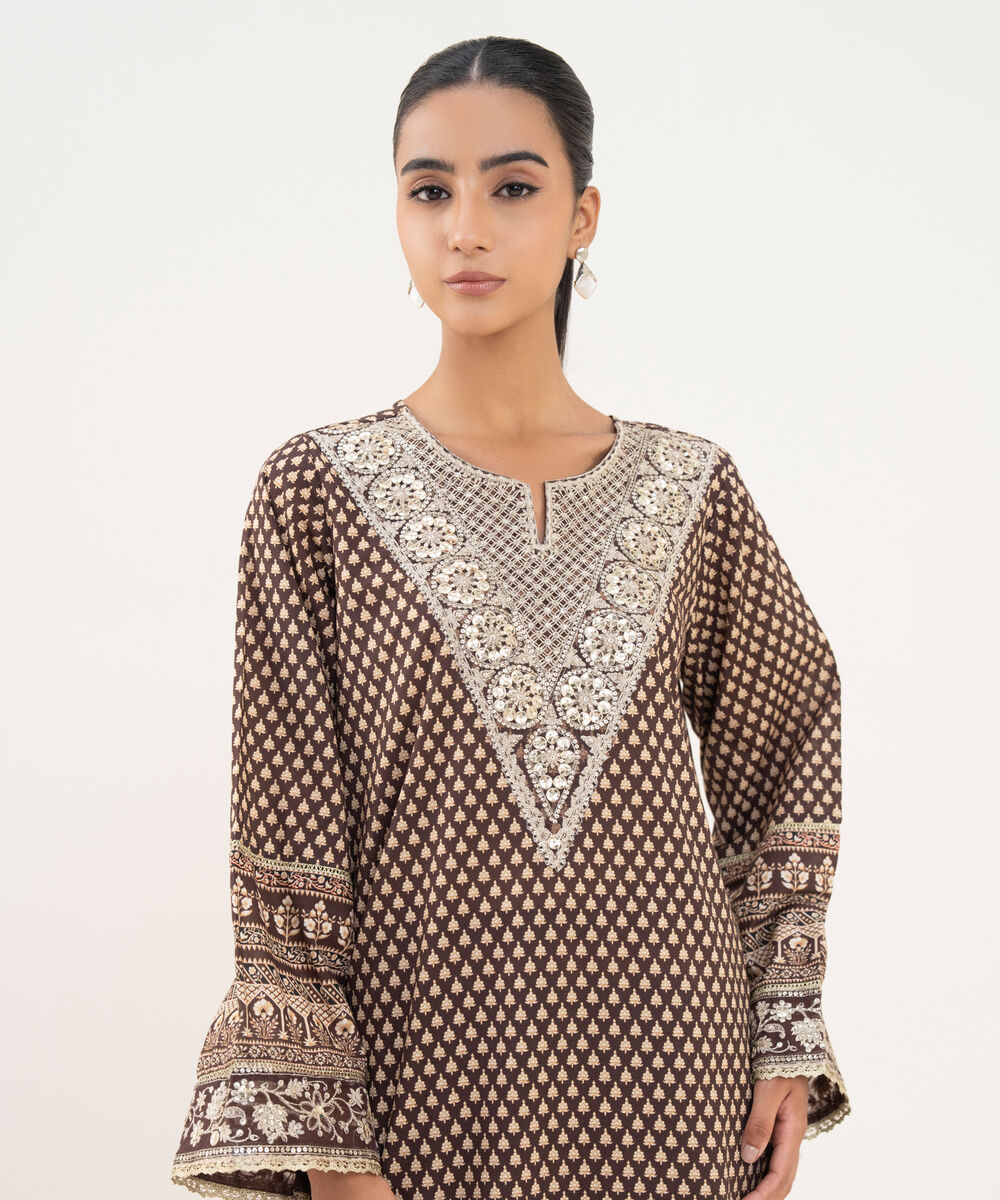 Women's RTW Textured Lawn Brown Embroidered A-Line Shirt