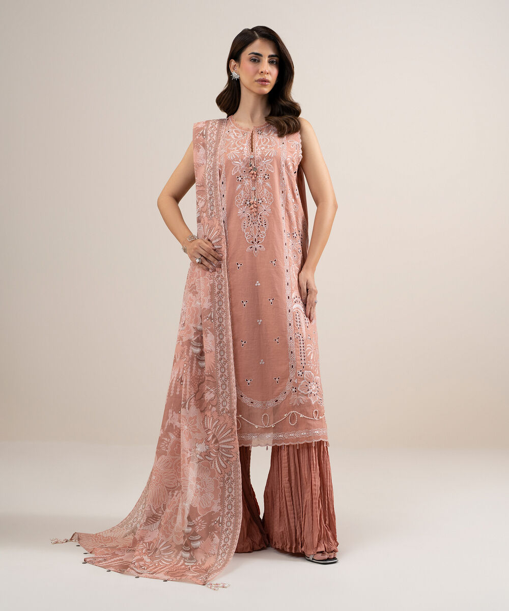 Women's Unstitched Textured Lawn Embroidered Pink 3 Piece Suit