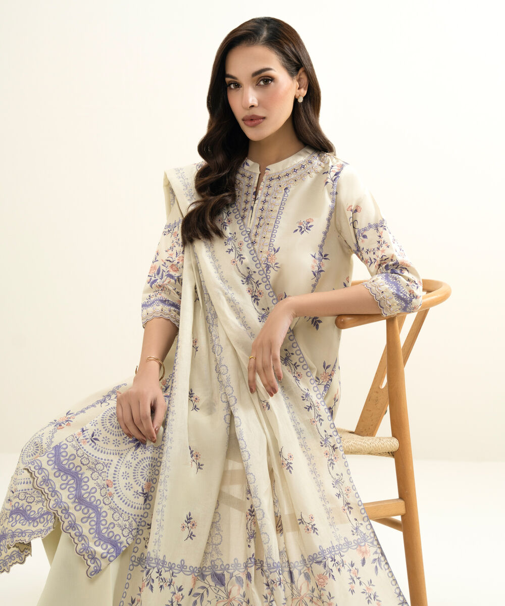 Women's Unstitched Lawn Embroidered Off White 3 Piece Suit