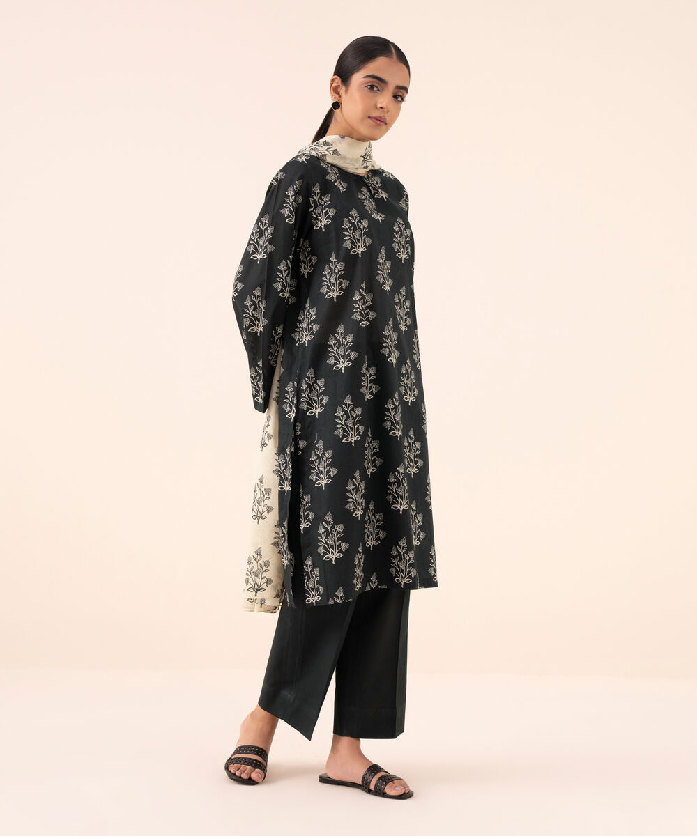 Women's Unstitched Lawn Printed Black 3 Piece Suit