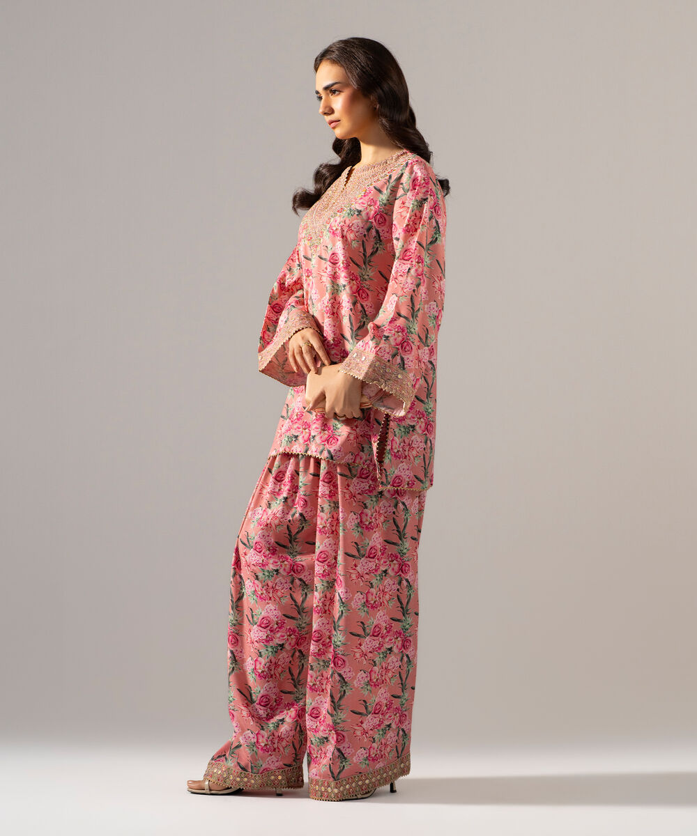 Women's RTW PK Raw Silk Printed Embroidered Pink 2 Piece Suit