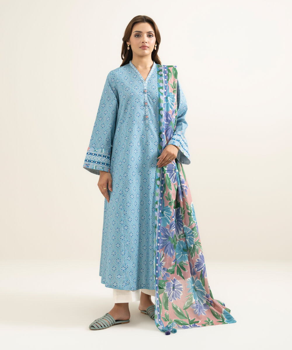 Women's Unstitched Lawn Printed Blue 2 Piece Suit