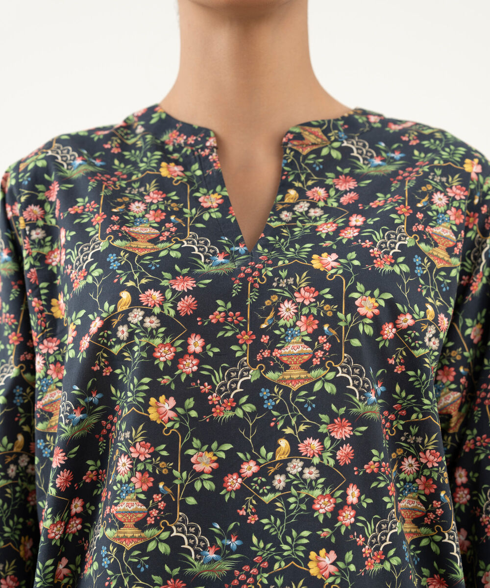 Women's RTW Cambric Printed Black Straight Shirt