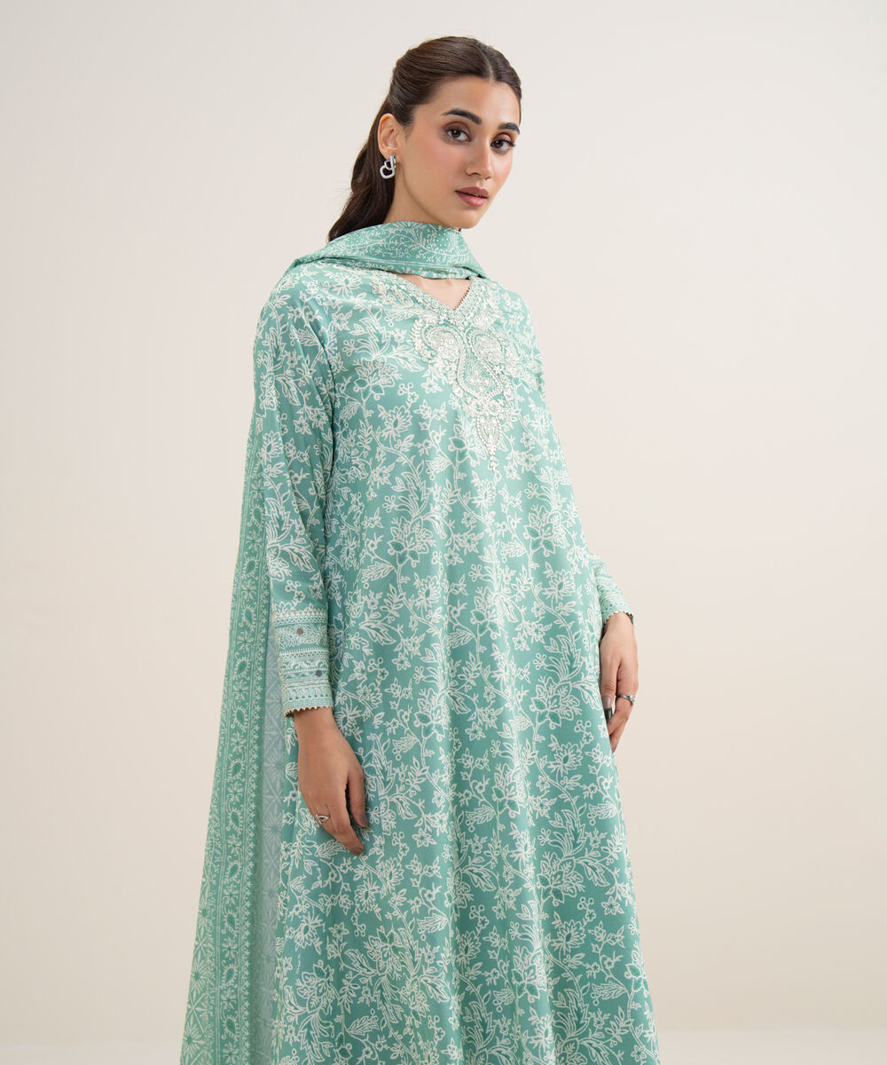 Women's Unstitched Lawn Embroidered Aqua Green 3 Piece Suit