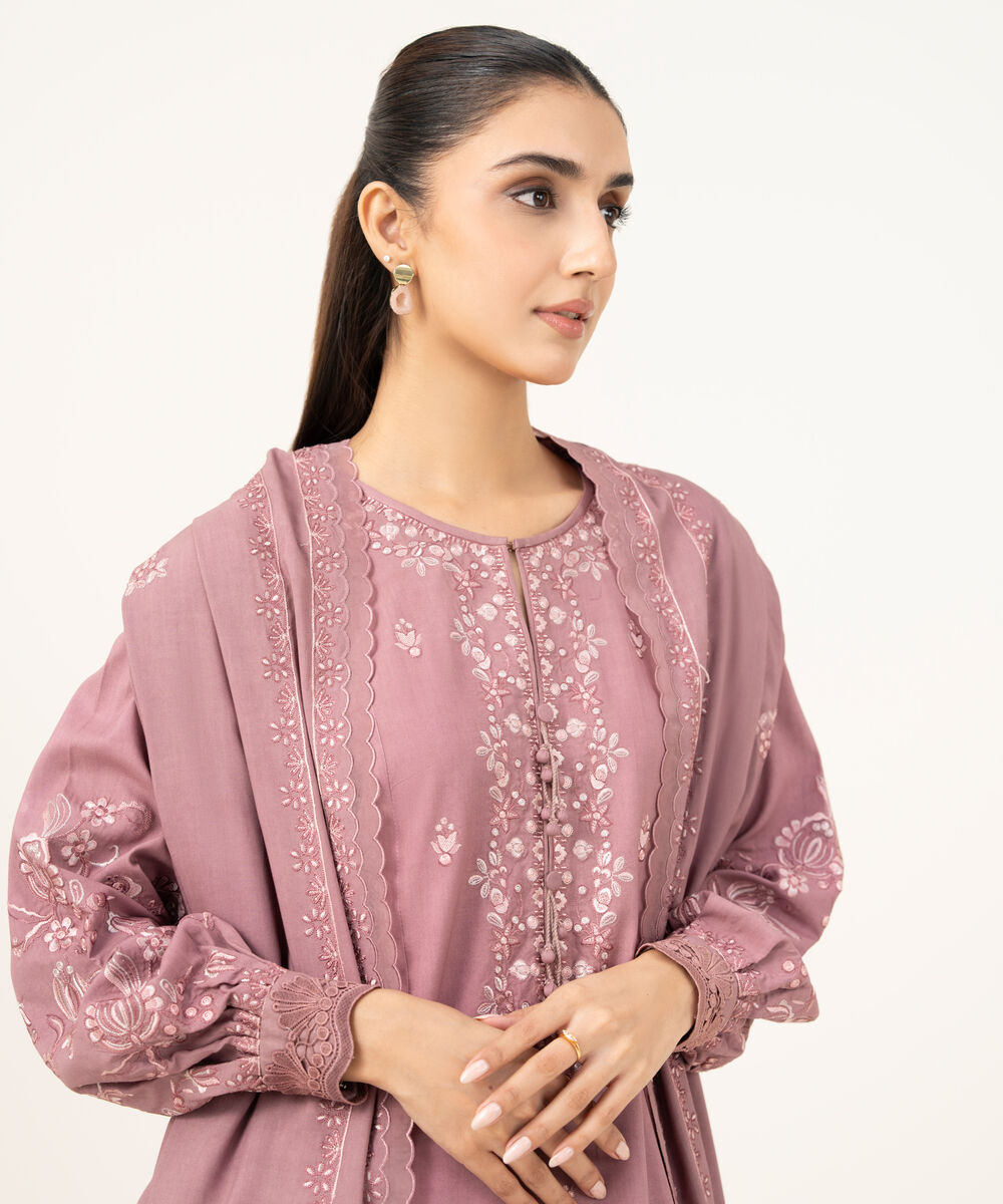 Women's Unstitched Embroidered Linen Mauve 3 Piece Suit