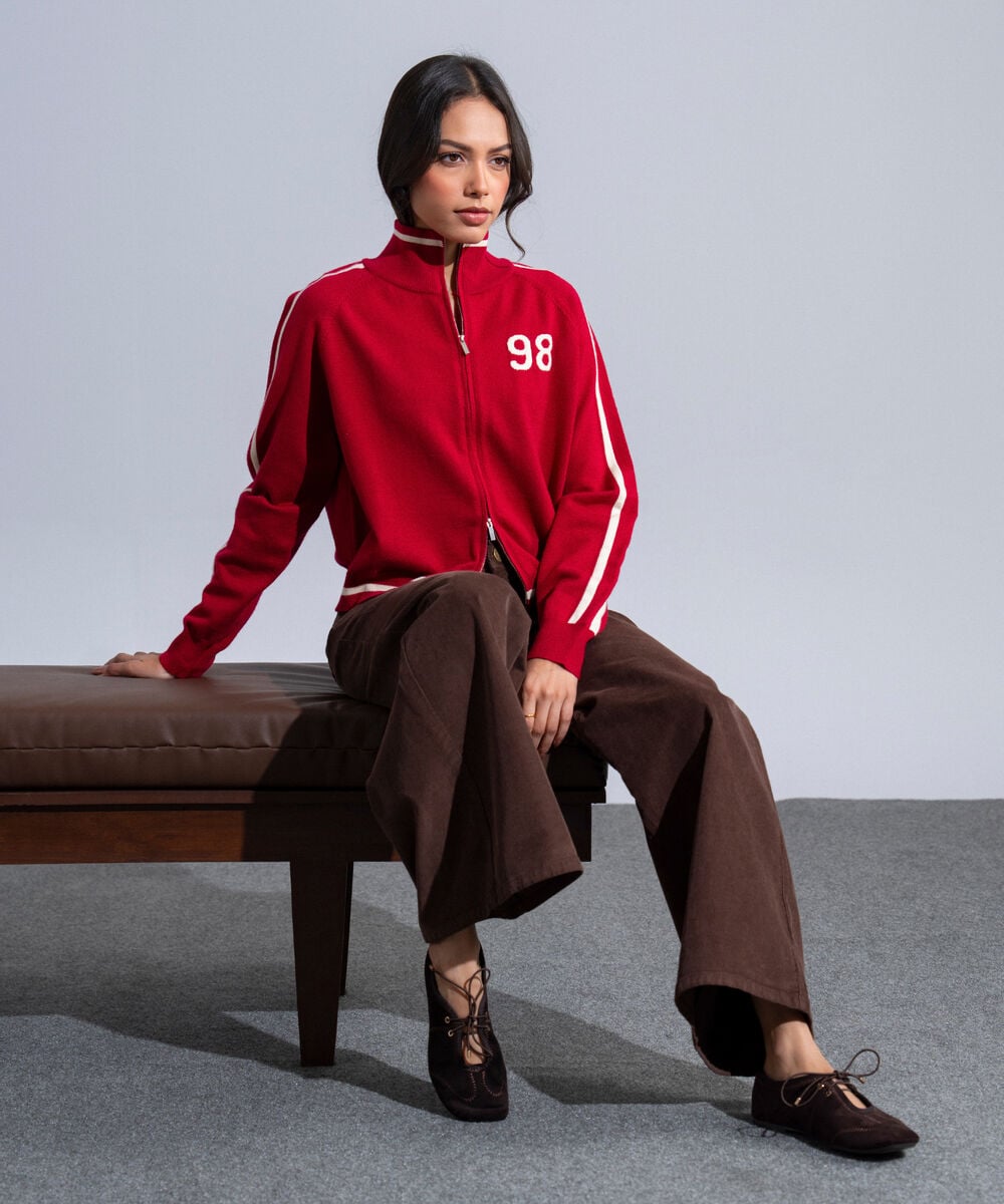Women's Western Wear Red Sweater Knit Zip-Up