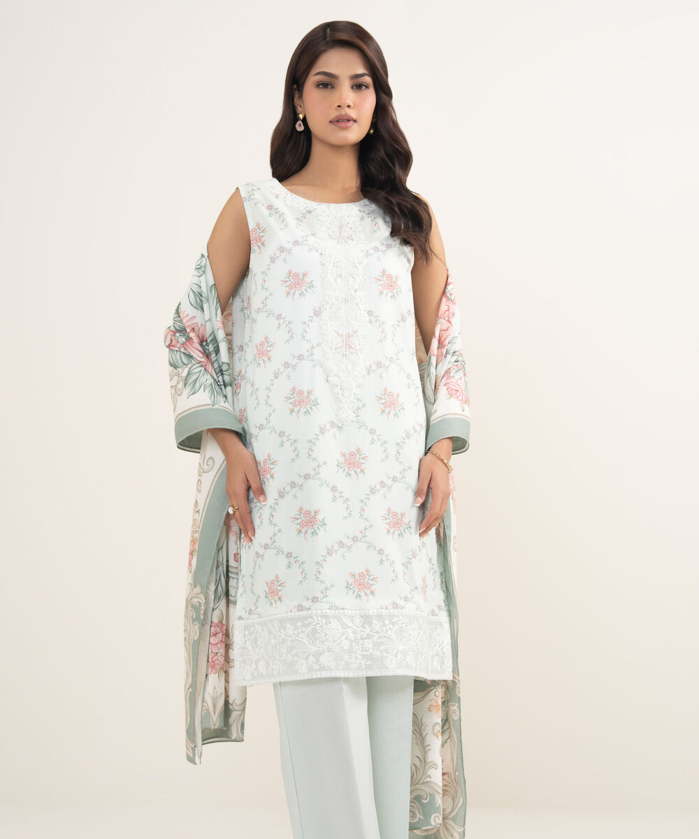 Women's Unstitched Lawn Embroidered Aqua  2 Piece Suit