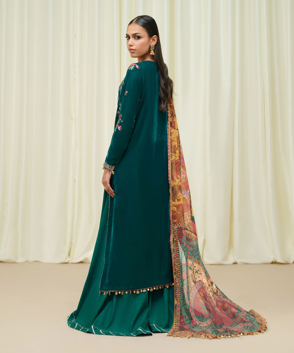 Women's Unstitched Velvet Embroidered Green 3 Piece Suit