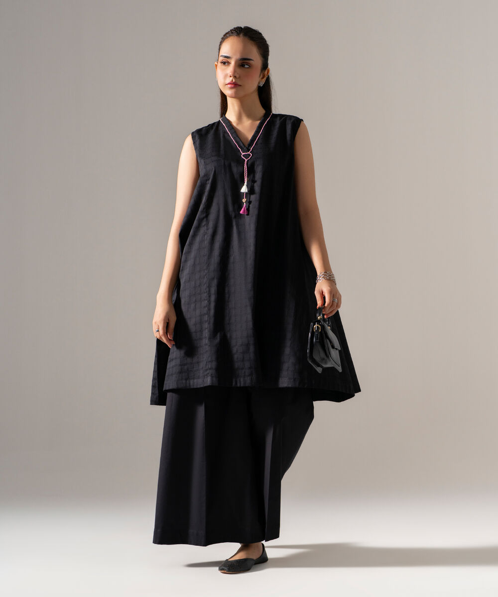 Women's RTW 3D dobby Solid Black Flared A-Line