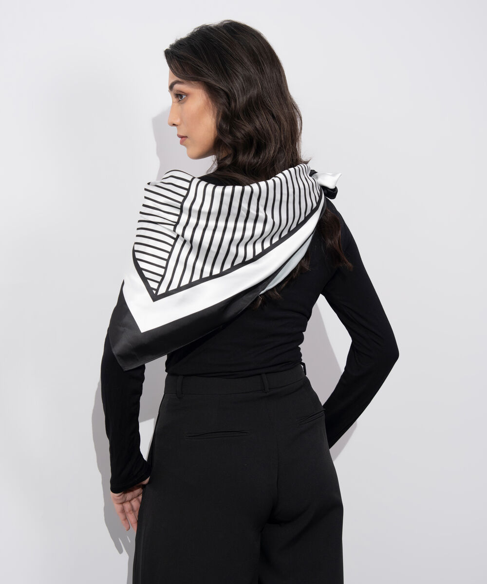 Women's Western Wear Black & White Sqaure Silky Printed Scarf