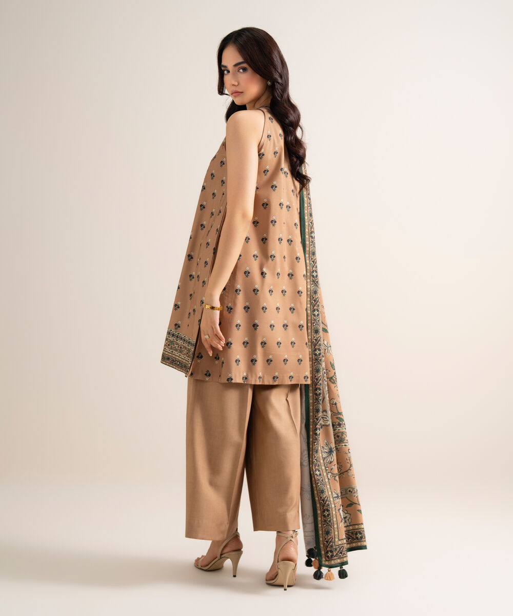 Women's Unstitched Embroidered Linen Brown 3 Piece Suit