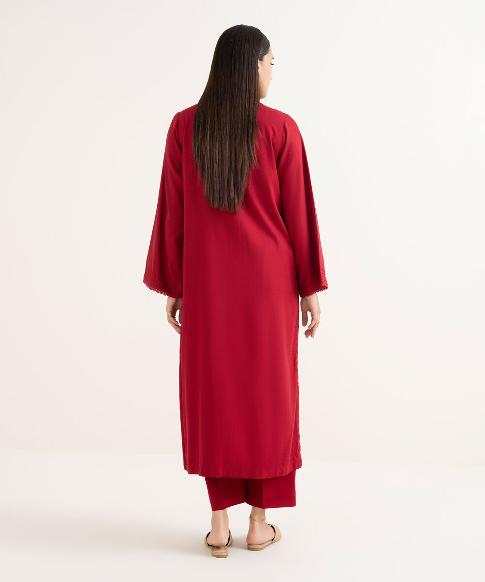 Women's RTW Textured Arabic Red Solid Straight Shirt