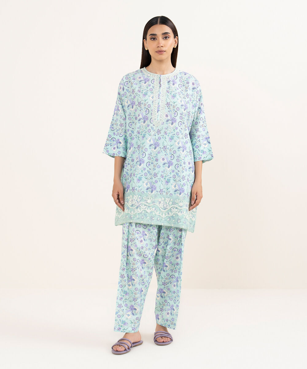 Women's RTW Lawn Blue Embroidered A-Line Shirt